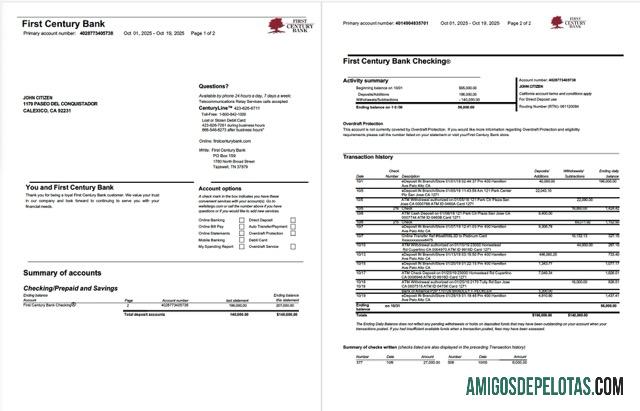 Extrato de conta bancária do primeiro século dos EUA em branco, modelo Word e PDF, 2 páginas